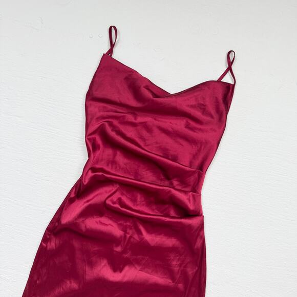 Deep Red Satin Ruched Cowl Neck Midi Dress, Best Fits Small - Picture 3 of 9